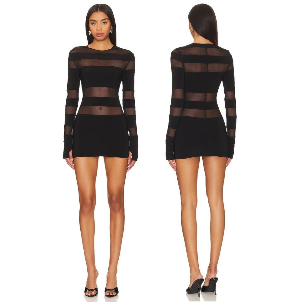 Norma Kamali Black Sheer Stripe Mini Dress